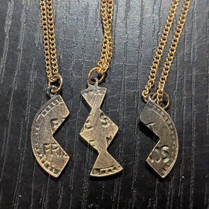 VINTAGE Three-Part Brass-Tinted "BEST FRIENDS" Necklace Charms + 17.5" Chains